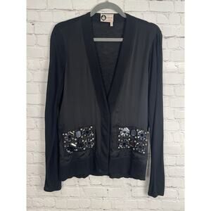 Lanvin Paris Cashmere Silk Glass Black V-Neck Button Up Cardigan Sweater Size M